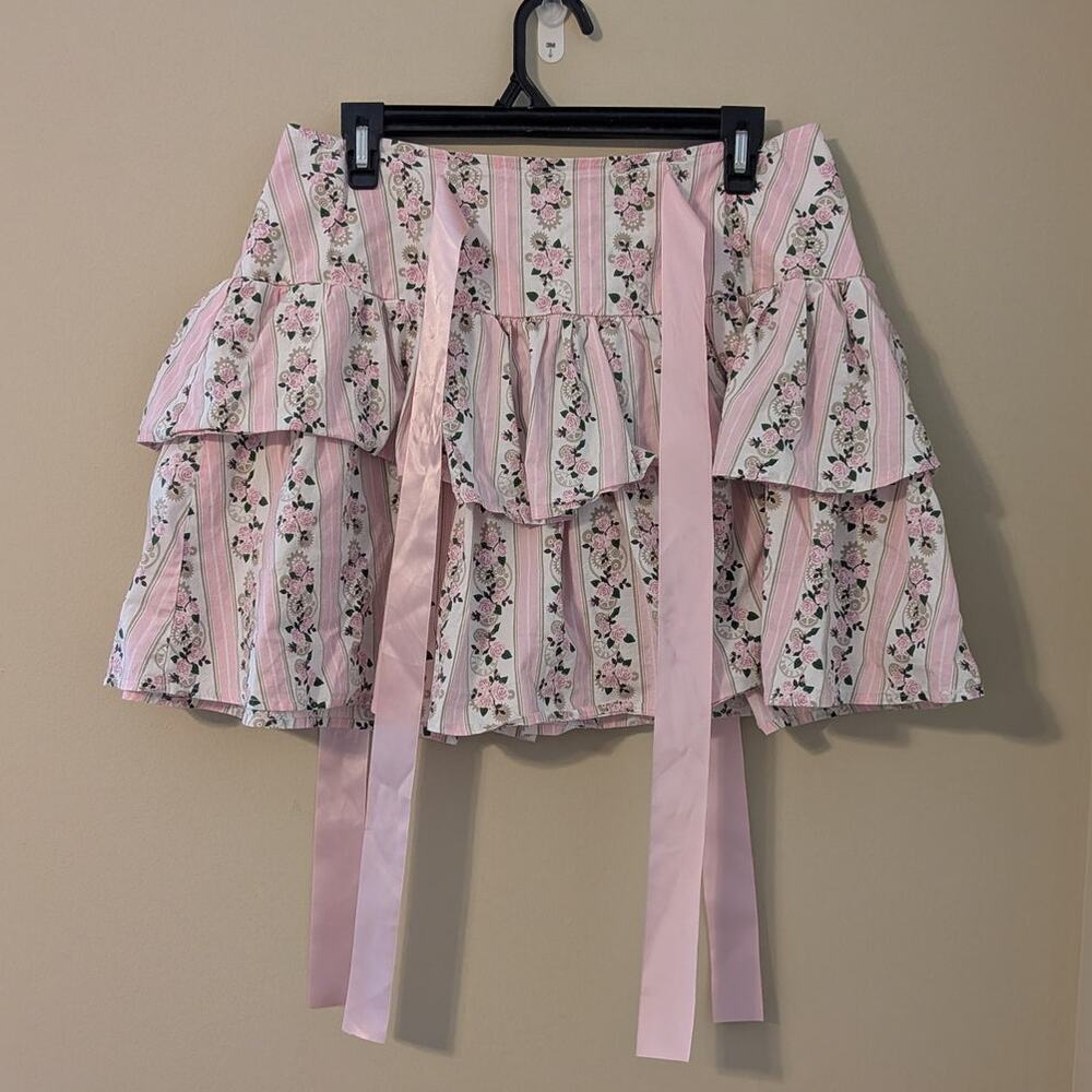 Hot Topic Pink Floral Skirt With Ribbons And Ruffles